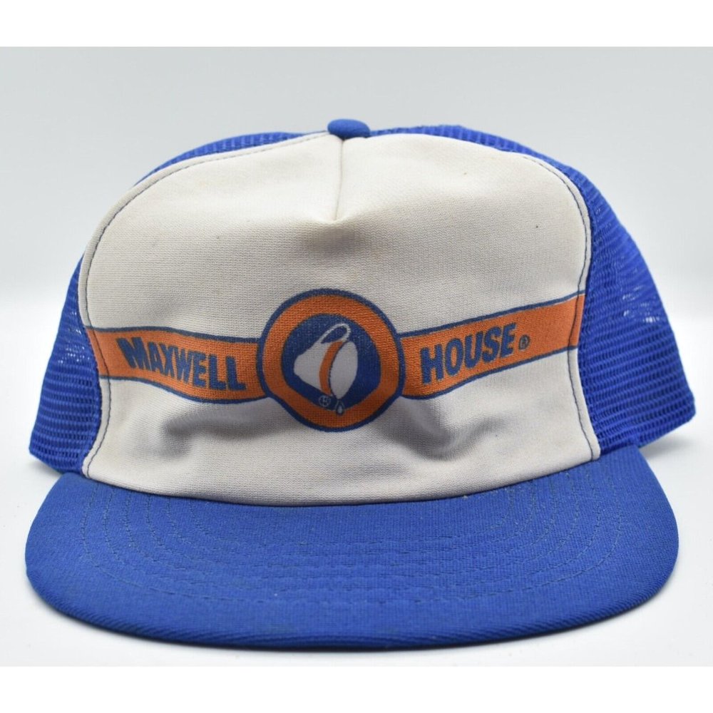 Vintage 80s Maxwell House Snapback Hat Adjustable Cap Trucker Mesh USA Adult